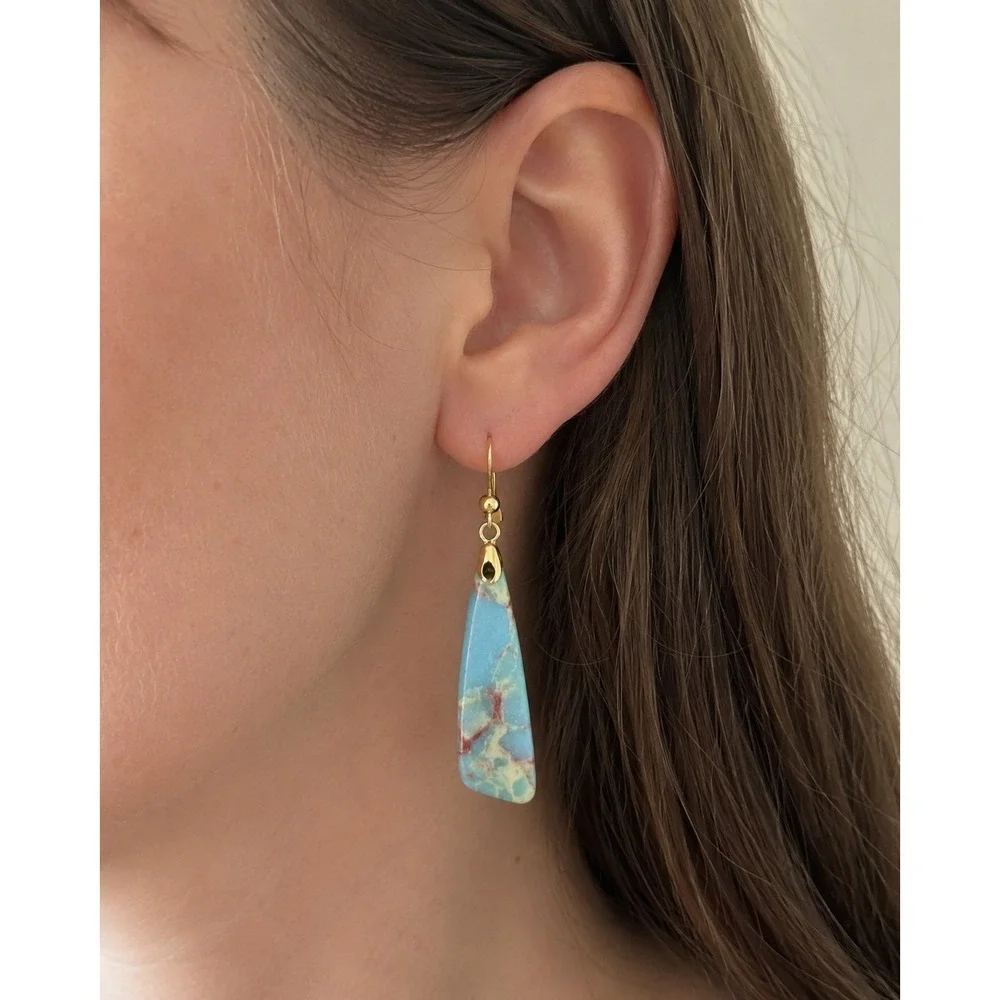 Blue Stone Look Triangle Dangle Earrings Gold Tone Hook Boho Marble Jasper Style